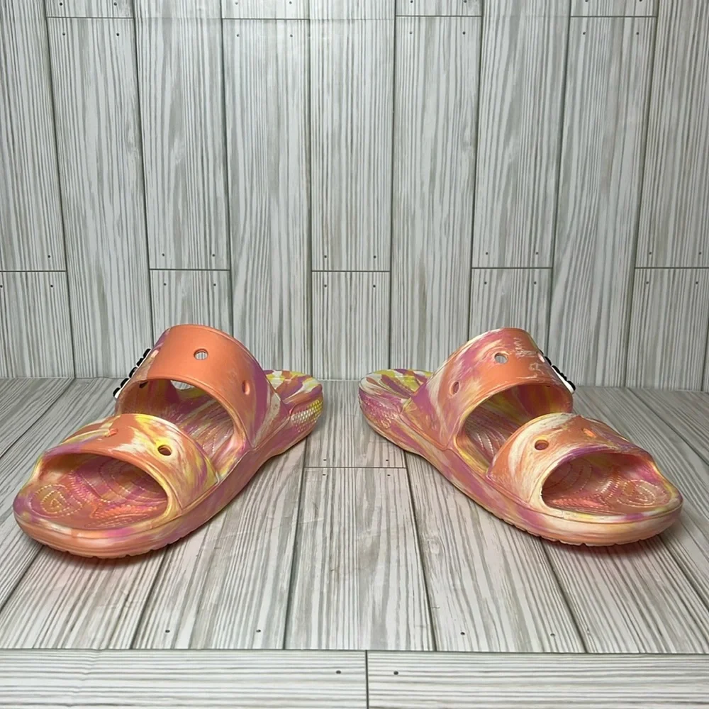 Crocs Women’s Classic Marbled Slides Orange Pink Yellow Sandals Size W 10 M 8 - Picture 3 of 9